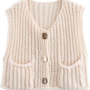 Sweater Vest Women Sleeveless Crop Knit Cardigan Casual Button Down Cropped Knit